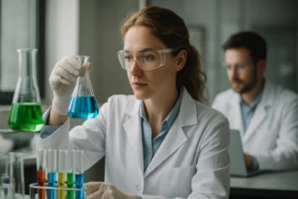 Kémiai kísérletet végző nő laboratóriumban különböző vegyületekkel.