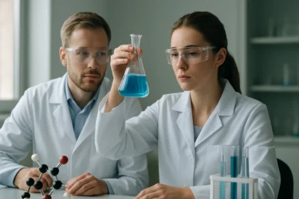 Két tudós laboratóriumban, kémiai kísérlet közben, kék folyadékkal.