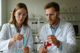 Két tudós laboratóriumban vegyületekkel dolgozik.