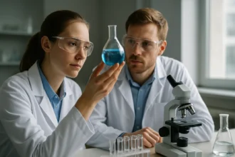 Két tudós laboratóriumban répacukor kémiai elemzése közben.