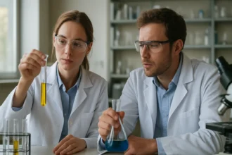 Két vegyész laboratóriumban, kémcsöveket és flakonokat vizsgálnak.