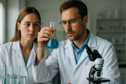 Két kutató laboratóriumban, kék folyadékkal teli lombikot vizsgálva