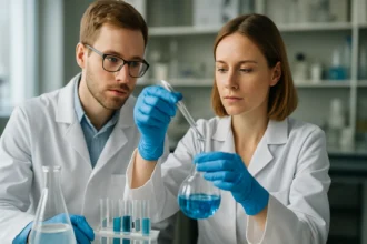 Két tudós laboratóriumi kísérletet végez, metil-2-metilpropanoátot tesztelnek.