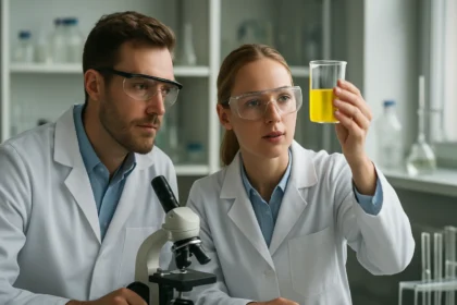 Két kutató laboratóriumban, laboratóriumi kémiai kísérlet végrehajtásakor