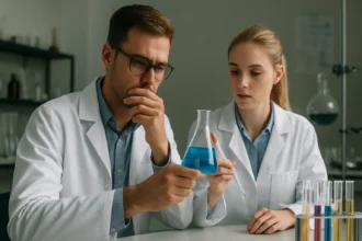 Két kémikus elemzi a kémiai reakciót a laboratóriumban.