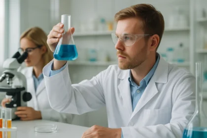 Kémiai kísérlet folyamatban, reverzibilis katalizátorokkal foglalkozó laboratóriumban.