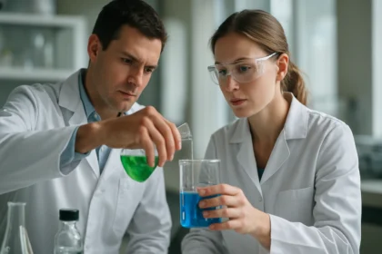 Két vegyész laboratóriumban különböző színű folyadékokat kevernek.