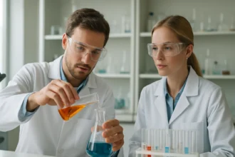 Két tudós kémiai kísérletet végez laboratóriumban.