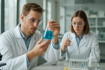 Kémiai kísérlet laboratóriumi környezetben, kutatók dolgoznak.