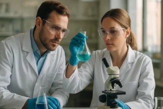 Két kutató laboratóriumban rézfeofitin vizsgálatát végzi.