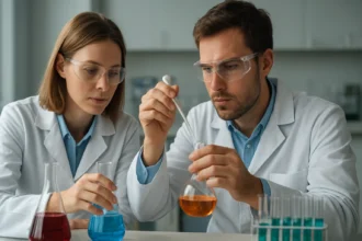 Két tudós laboratóriumi kísérlet során, különböző színű anyagokkal.