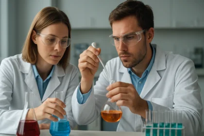 Két tudós laboratóriumi kísérlet során, különböző színű anyagokkal.