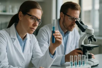 Kémiai laboratóriumban dolgozó kutatók réz(II)-klorid mintával.