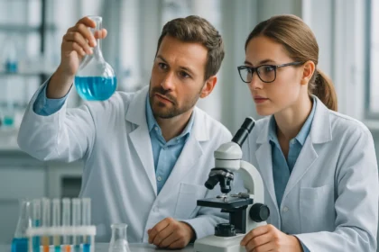 Két laboratóriumi tudós végez kémiai kísérletet réz-oxid mintával.