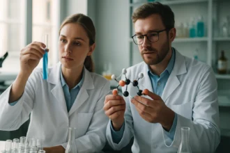 Két tudós laboratóriumban reagenseket vizsgál és molekulamodelleket elemzi.