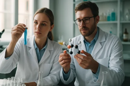 Két tudós laboratóriumban reagenseket vizsgál és molekulamodelleket elemzi.