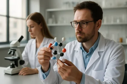 Két kémikus dolgozik a laboratóriumban, egy modellmolekulát vizsgálva.