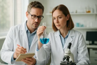 Két tudós laboratóriumban, kémcsővel és jegyzetfüzettel, rézrozsgával kapcsolatos kutatás.