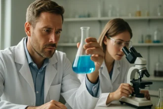 Laboratóriumi kutatók réz(II)-szulfáttal végzik kémiai kísérleteiket.