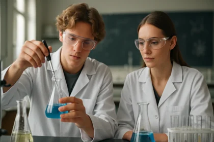 Két diák kémiai kísérletet végez egy laboratóriumban