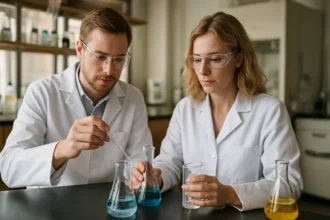 Kémiai kísérlet labortban, réz-szulfó-antimonid vizsgálat.