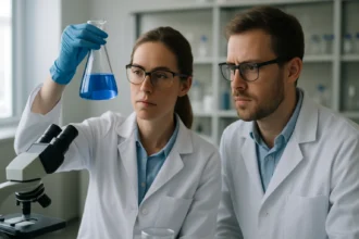 Két kutató kémiai kísérletet végez egy laboratóriumban.