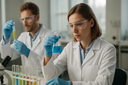 Két vegyész laboratóriumban réz vegyületeket vizsgál, színes folyadékokkal dolgoznak.