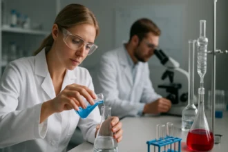 Laboratóriumi kémikusok munka közben rézvegyületekkel