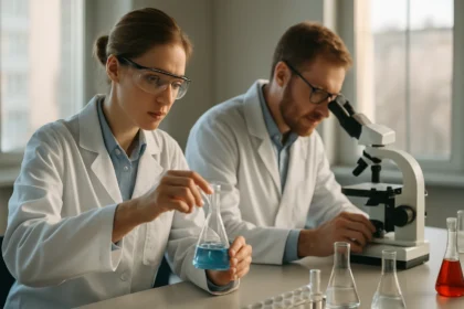 Kutatók laboratóriumban, kémiai anyagokkal dolgoznak