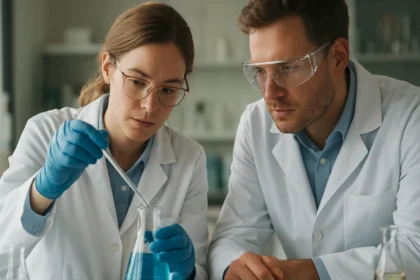 Két kutató laboratóriumban dolgozik, riasztóanyagokkal kapcsolatos kísérletet végeznek.