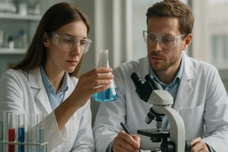 Két kutató laboratóriumban dolgozik gyűrűnyitó metatézis polimerizációval.