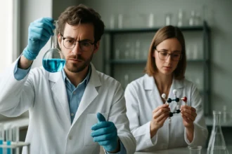 Két kutató laboratóriumban, R-izomerek és sztereóizoméria vizsgálata.