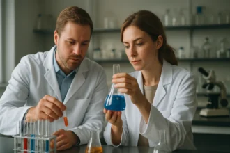 Kémikusok laboratóriumi kísérleteznek, Rochelle-só vizsgálata