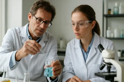 Kémiai kísérlet rodanidokkal laboratóriumban.