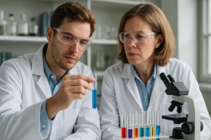 Két tudós laboratóriumban rodánsavat vizsgál