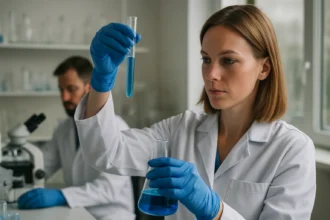 Kémiai kísérlet laboratóriumban ródium fém vizsgálatával.