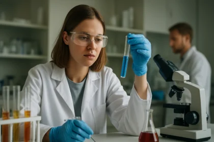 Kémikus laborkörnyezetben, kék folyadékot vizsgálva