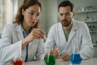 Két tudós laboratóriumban végzi a rotációs-vibrációs spektroszkópiát.