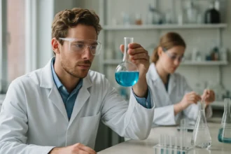 Kutató laboratóriumban dolgozó vegyész kék folyadékkal teli lombikot vizsgál