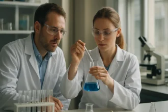 Két kutató laboratóriumban, rozsdásodás és kémiai folyamatok tanulmányozása közben