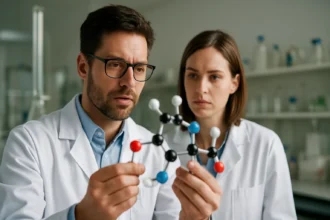 Két kutató röntgenfluoreszcencia-analizátort bemutató molekulamodellel dolgozik laboratóriumban.