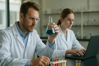 Két tudós a laboratóriumban, röntgenfluoreszcens spektroszkópiával foglalkozva.