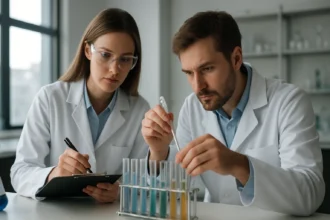 Két kutató laboratóriumban kémiai kísérleteket végez