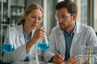 Két kutató laboratóriumban rubídium reakciót vizsgálva.