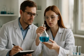 Két tudós laboratóriumban, rutil kémiai anyaggal dolgoznak.