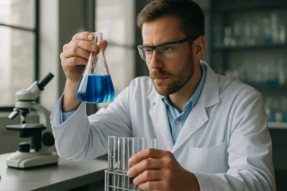 Kémikus kék folyadékkal teli kémcsövet vizsgál