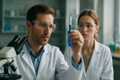 Két tudós laboratóriumban, kék folyadékkal teli kémcsövet vizsgálva.