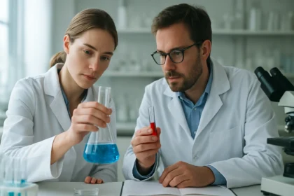 Két kutató laboratóriumi kísérletet végez salétromsavval.