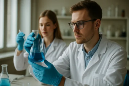 Két kutató a laboratóriumban kémiai kísérletet végez, Sandmeyer-reakció.