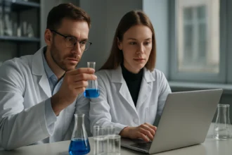 Két kutató laboratóriumi munka közben, kémiai kísérletezéssel.